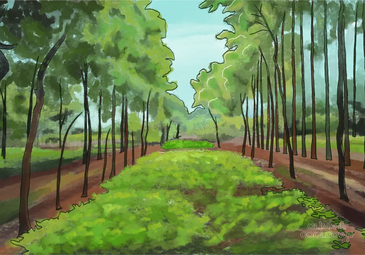 Illustrated farm landscape with food crops growing beneath a protective canopy of trees