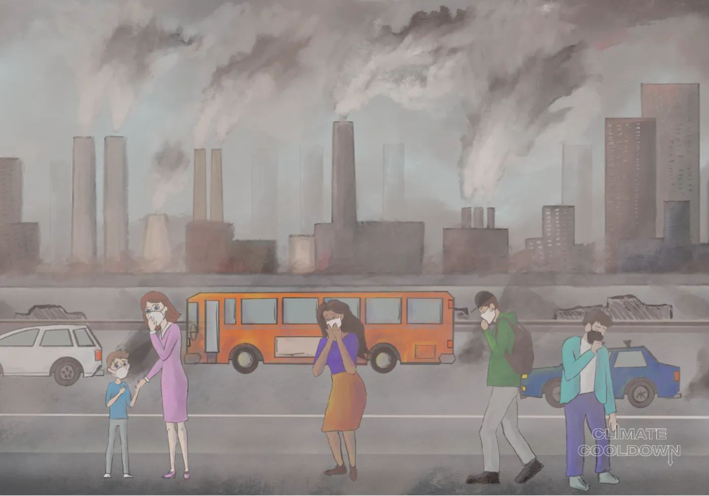 Illustrated industrial smokestack belching dark exhaust into a hazy, polluted sky