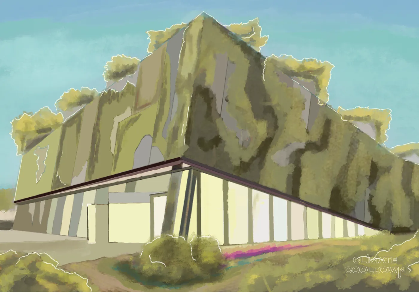 Illustrated construction site using low-carbon cement alternatives with reduced emissions