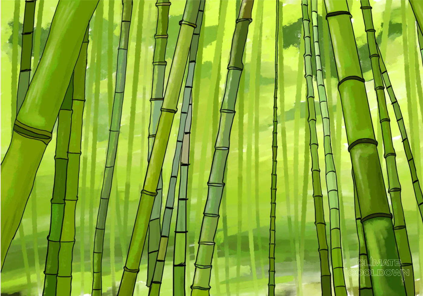 Illustrated grove of towering bamboo stalks absorbing carbon from the surrounding air