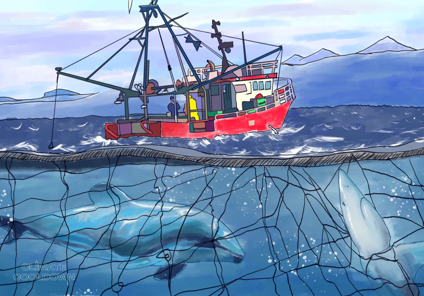 Illustrated fishing net hauled up with unintended sea creatures caught alongside target fish