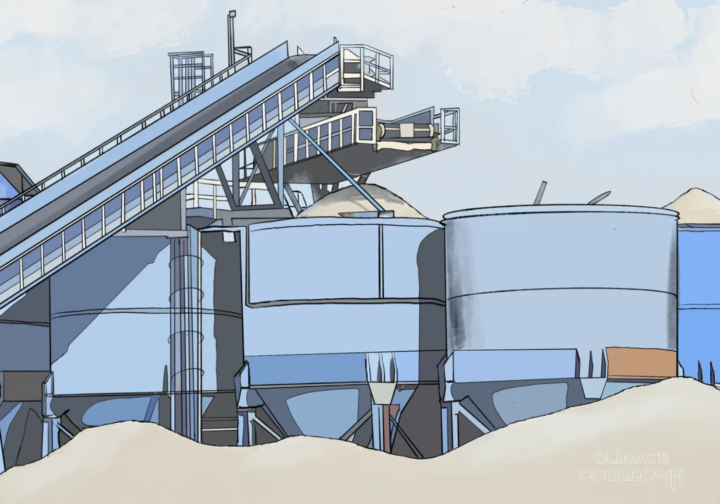 Ilustración de una planta industrial de cemento con hornos rotatorios y columnas de emisiones de carbono
