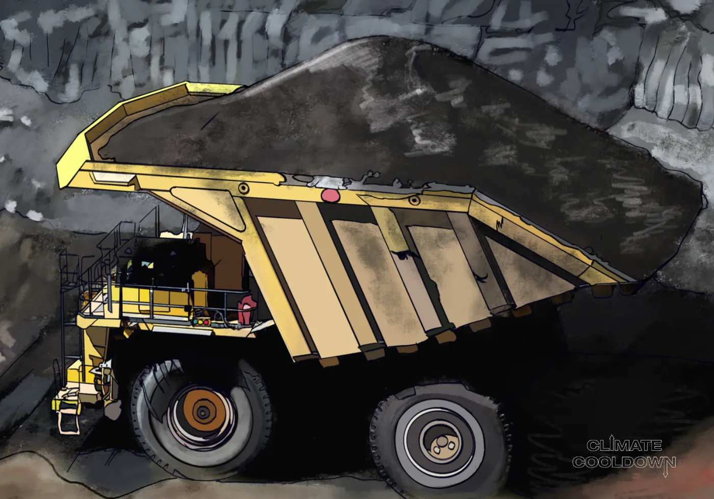 Illustrated heavy dump truck hauling coal in an open-pit coal mine