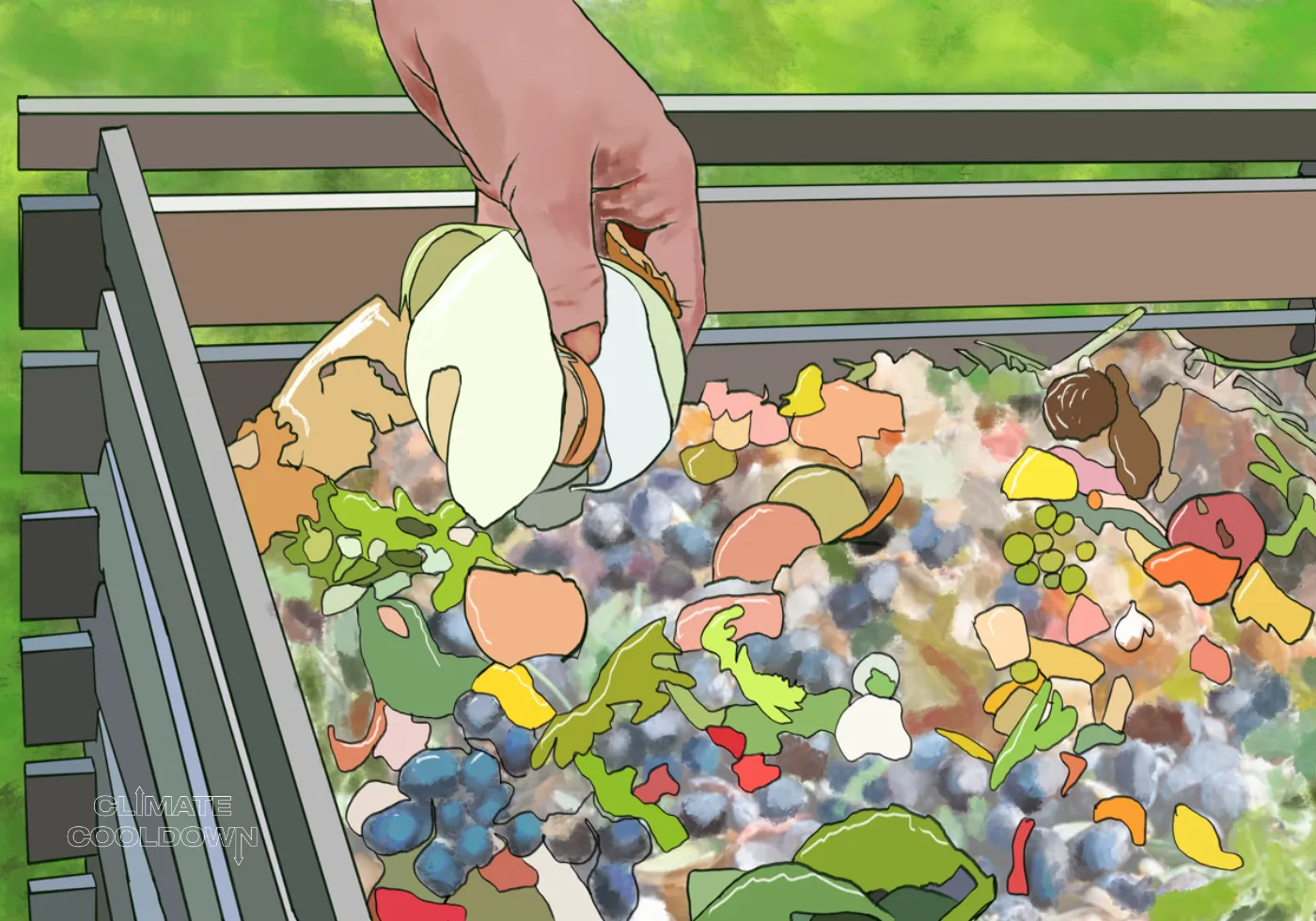 Illustrated compost bin with fruit scraps and yard waste breaking down into rich dark soil
