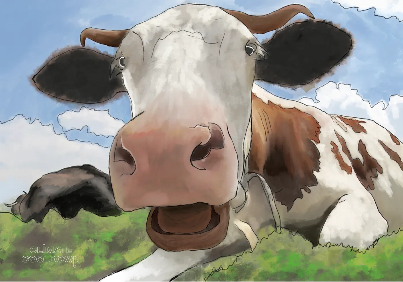 Ilustración de vacas pastando en un campo con gas metano subiendo visiblemente hacia la atmósfera
