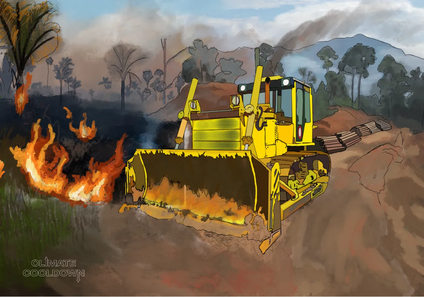 Illustrated forest being cleared by heavy machinery, leaving a field of bare stumps