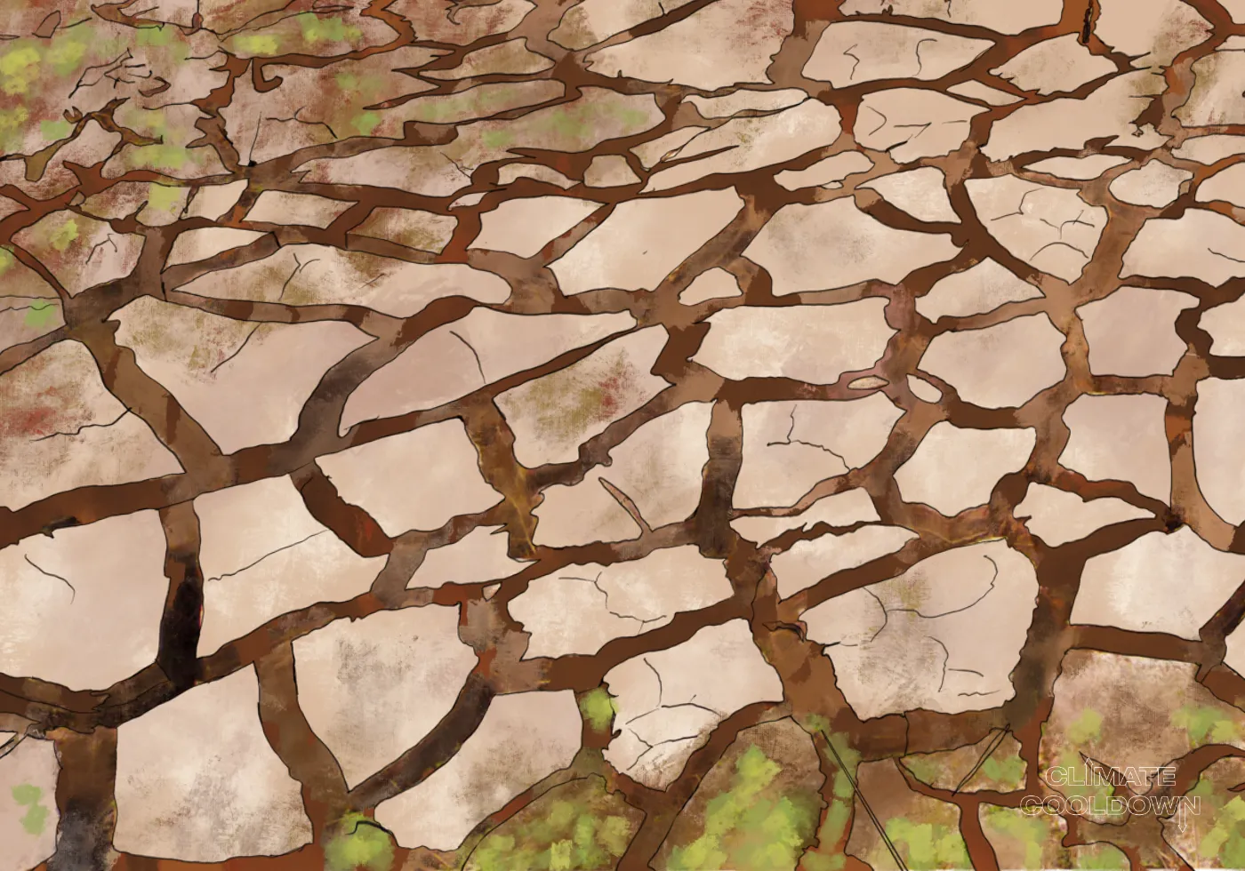 Illustrated cracked, dried-out earth and wilting crops baking under a blazing sun