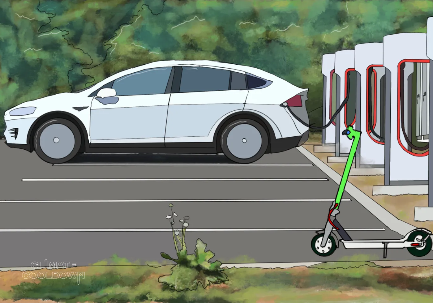 Illustrated electric car plugged into a charging station powered by clean energy