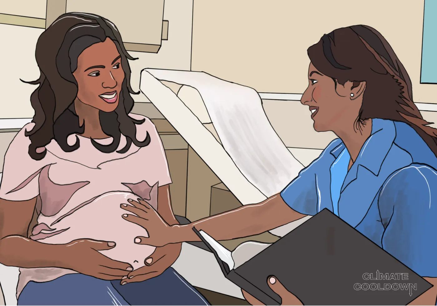Illustrated diverse families with access to healthcare and educational resources