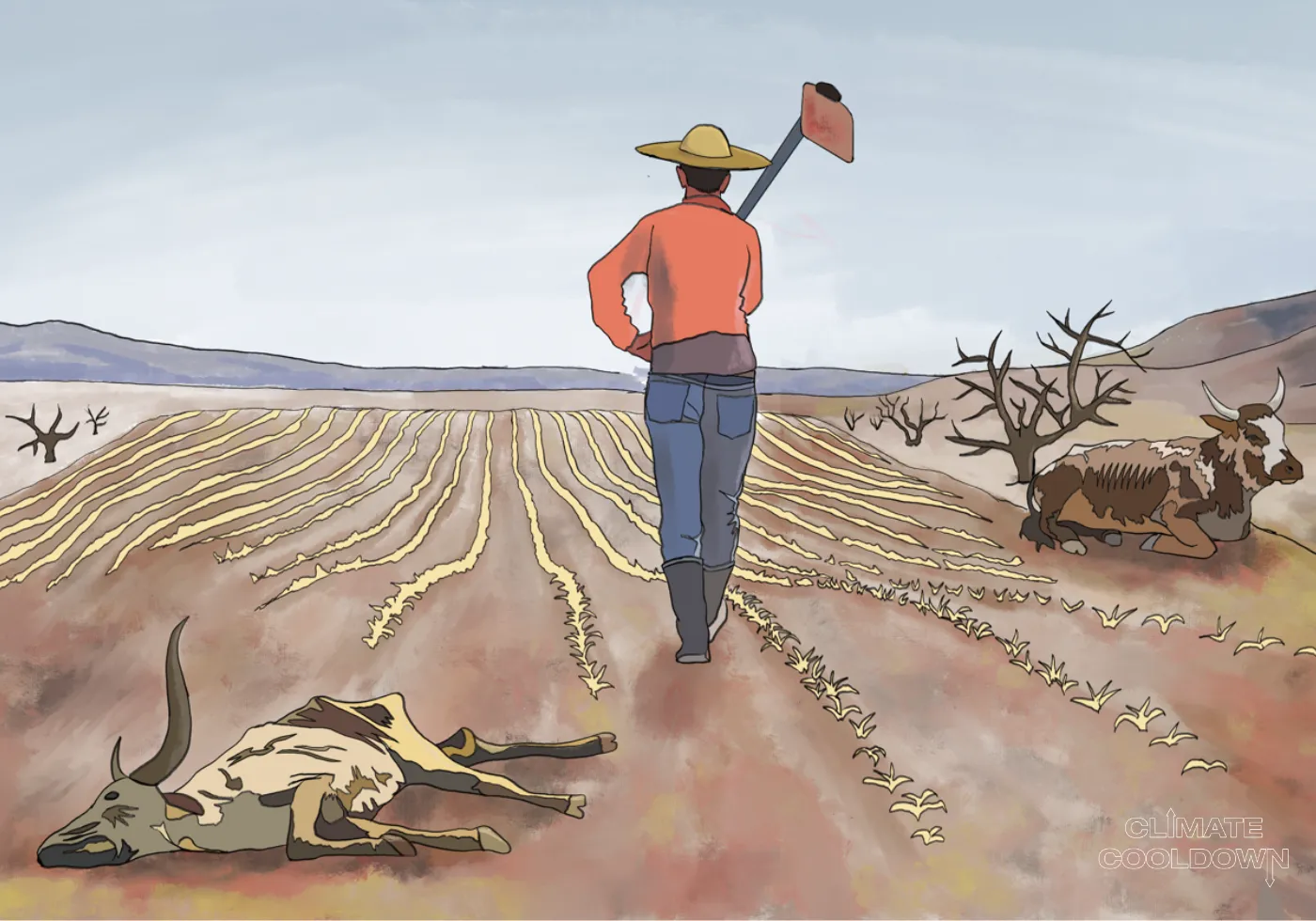 Illustrated barren fields and empty food stores depicting the devastation of famine