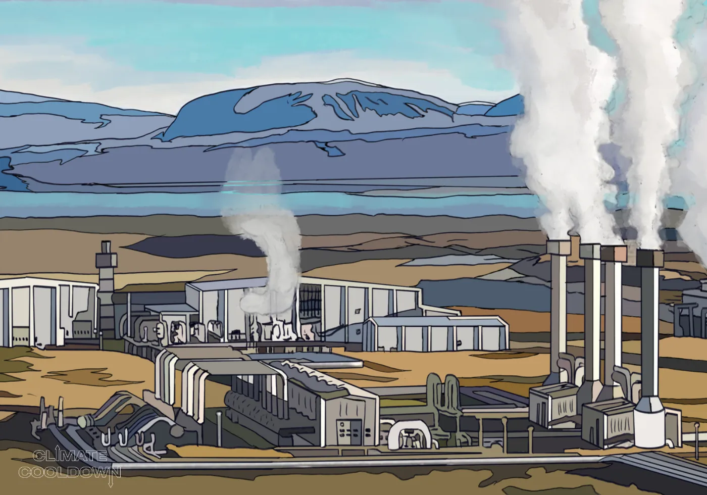 Illustrated geothermal power plant harnessing heat and steam rising from underground