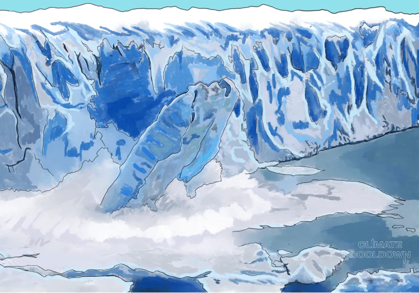 Illustrated retreating glacier dramatically shrinking and exposing bare rocky terrain