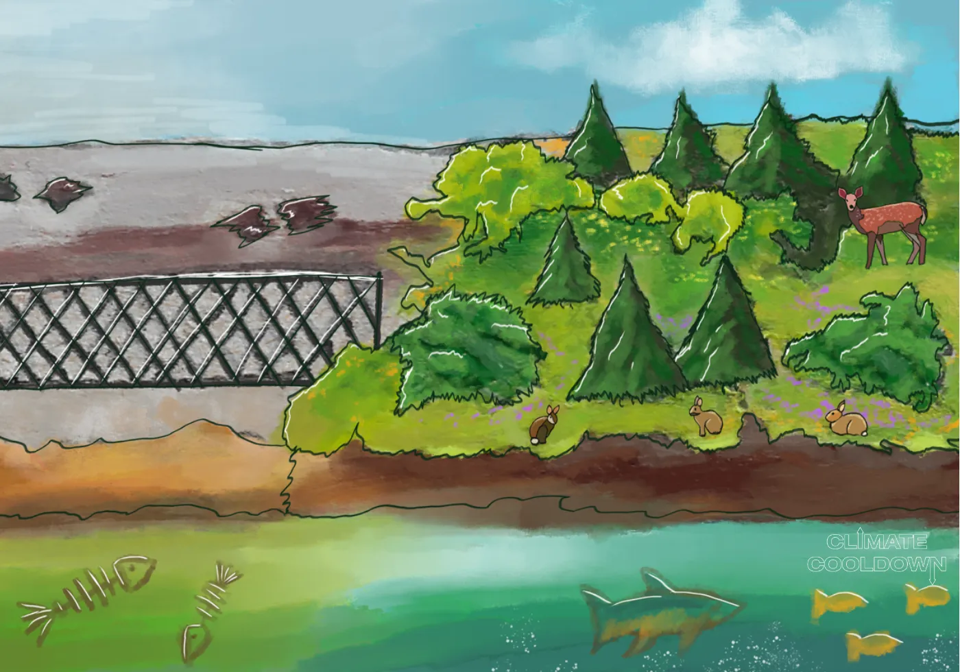 Illustrated rewilded landscape with native plants returning and wildlife moving back in