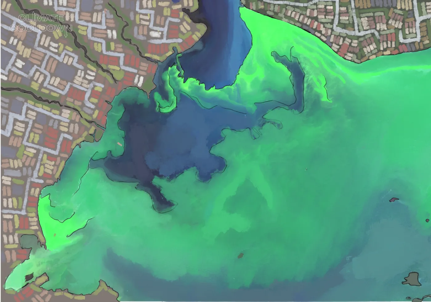 Illustrated lake surface choked with thick toxic green algae blooms