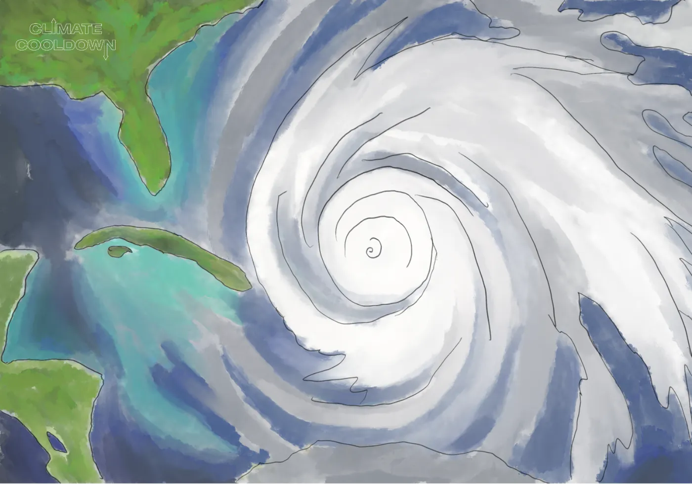 Illustrated hurricane making landfall with flooding, high winds, and dangerous storm surge