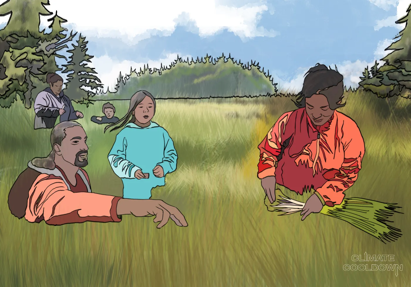 Illustrated Indigenous community tending a lush, biodiverse, and healthy forest landscape
