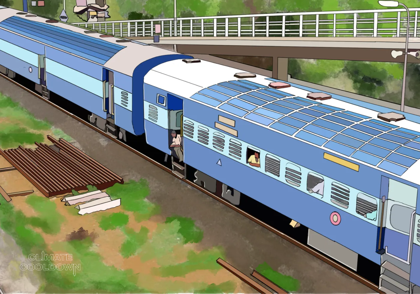 Illustrated city transit hub with electric buses and trains efficiently moving commuters