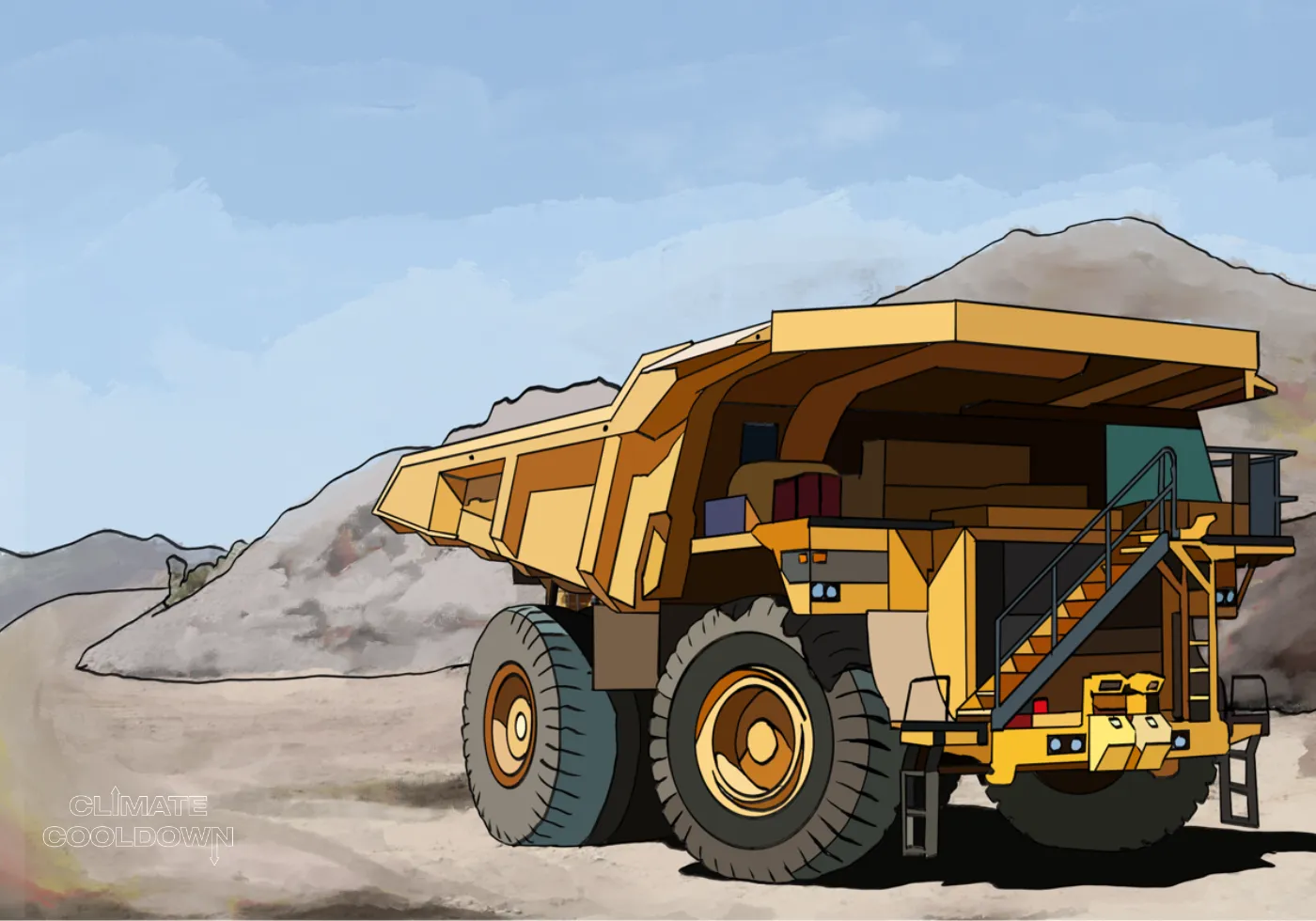 Illustrated large open-pit mine stripping raw resources from the surrounding landscape