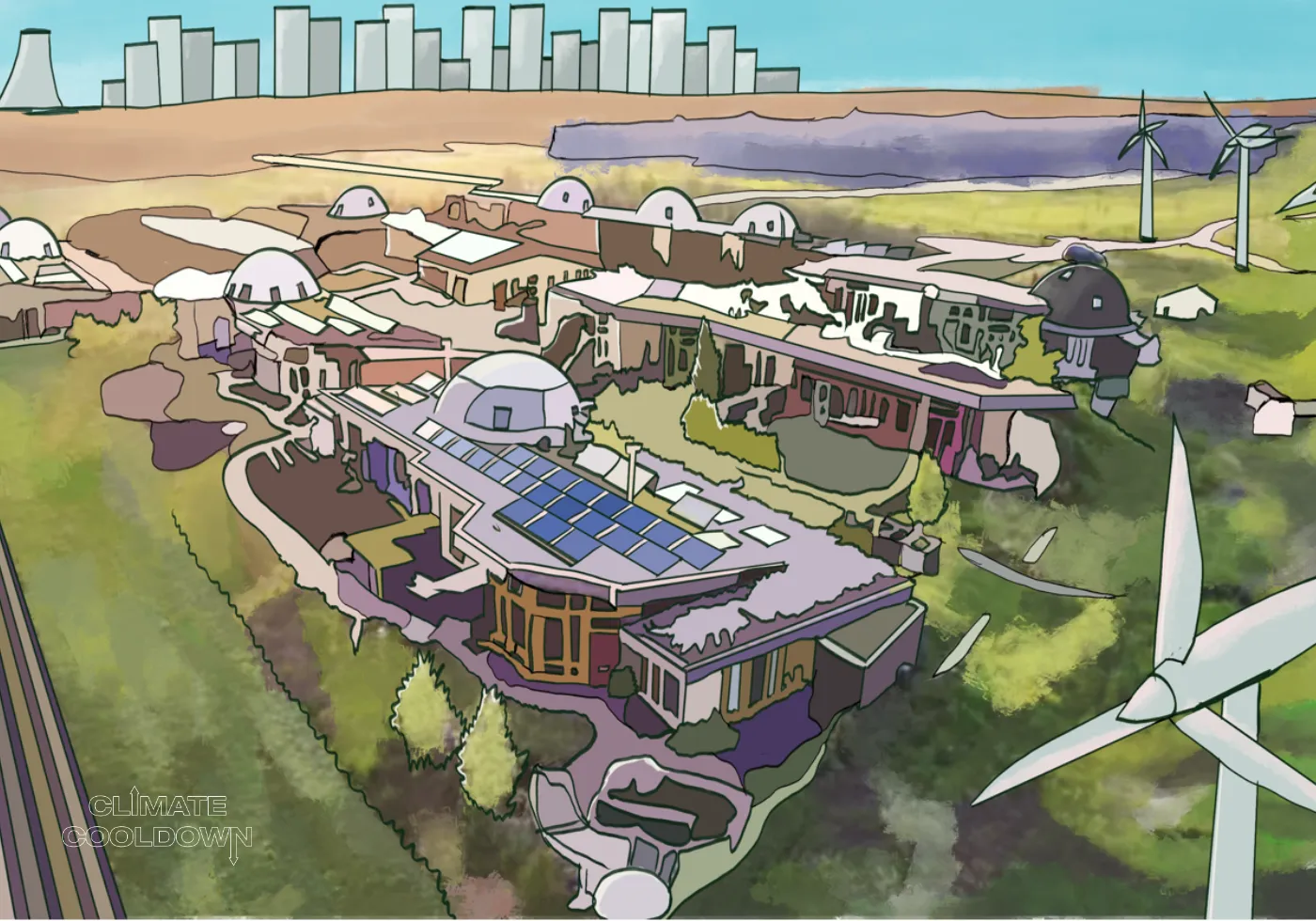 Illustrated community energy network linking solar panels, batteries, and local homes