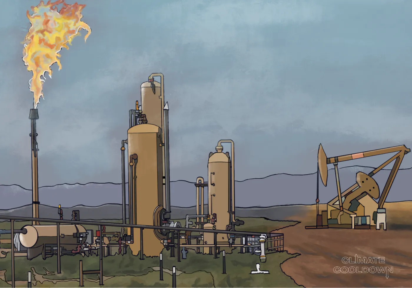 Illustrated natural gas processing facility and network of distribution pipelines