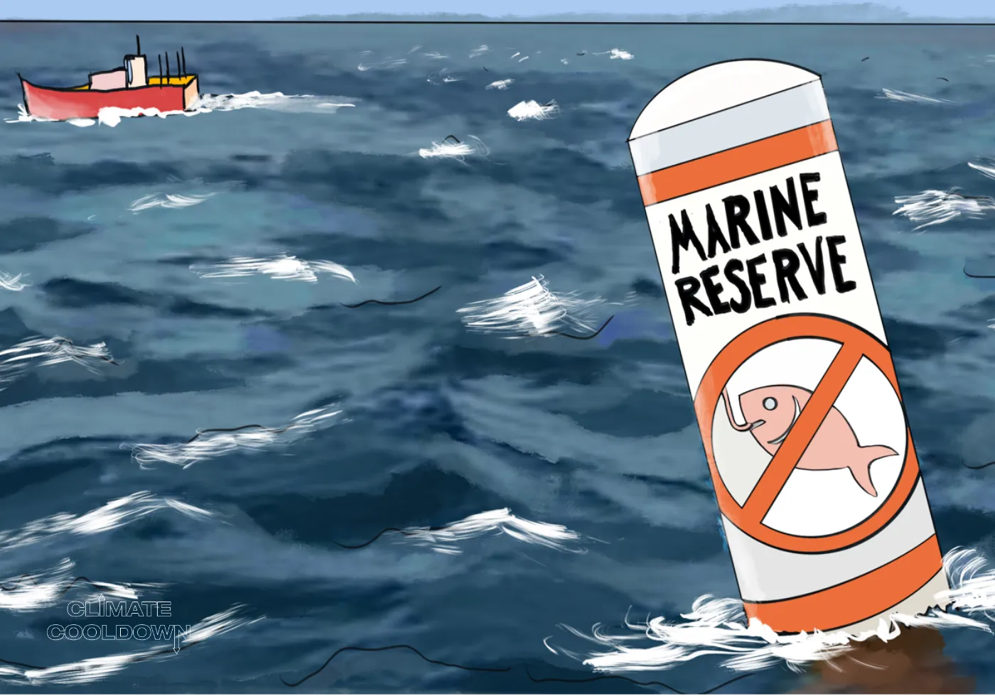 Illustrated protected marine reserve teeming with sea life behind a boundary marker