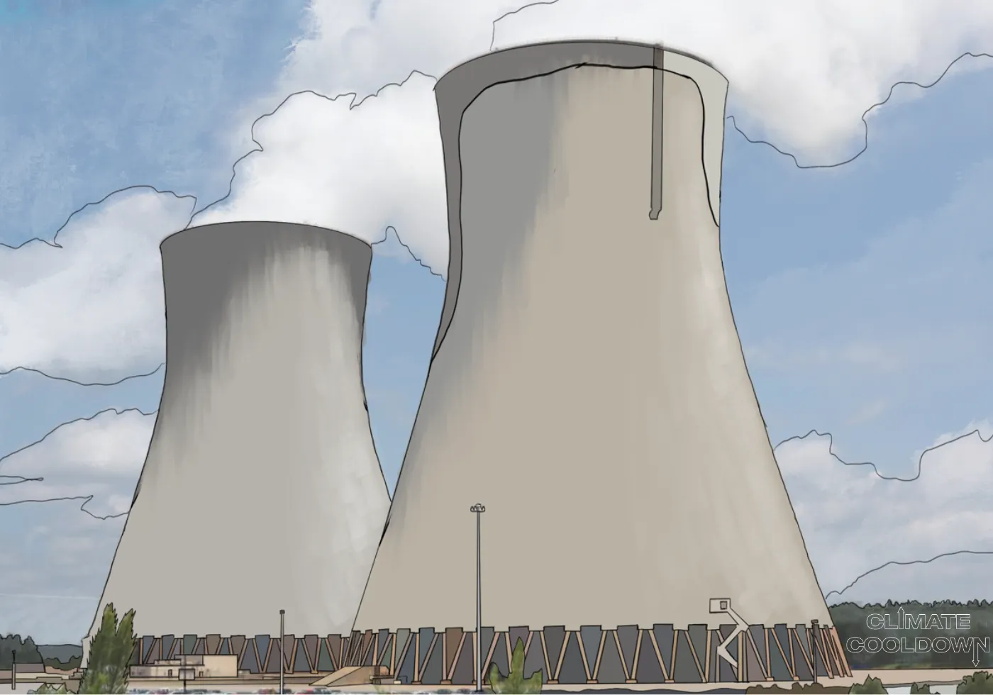 Illustrated aging nuclear power plant with cooling towers and containment structures