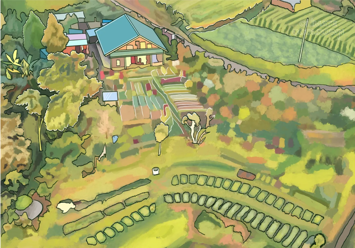 Illustrated permaculture garden with layered edible plants designed to mimic natural ecosystems