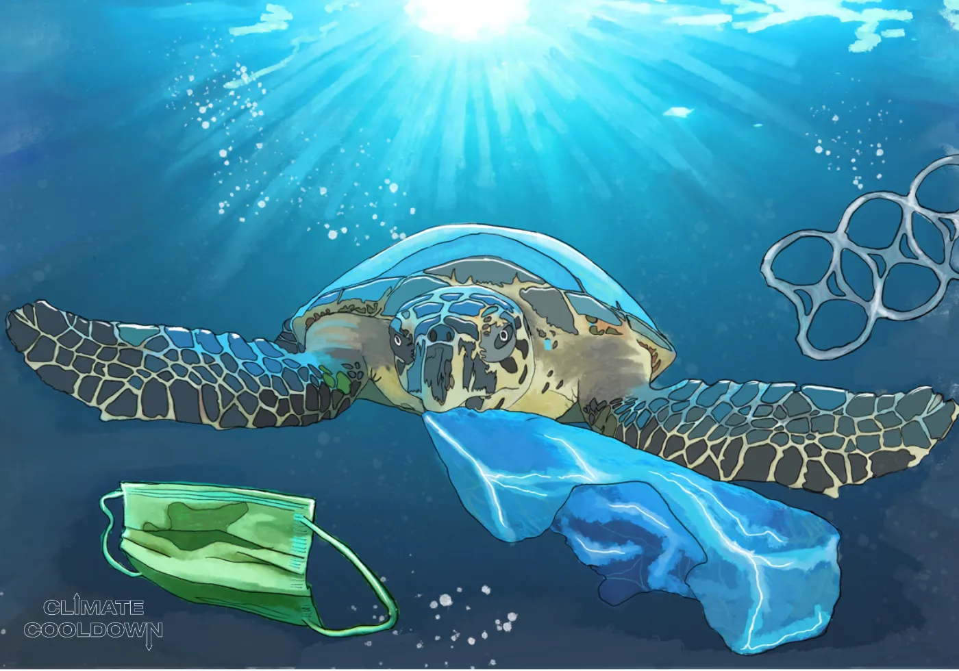 Illustrated ocean and beach littered with plastic waste entangling and harming wildlife