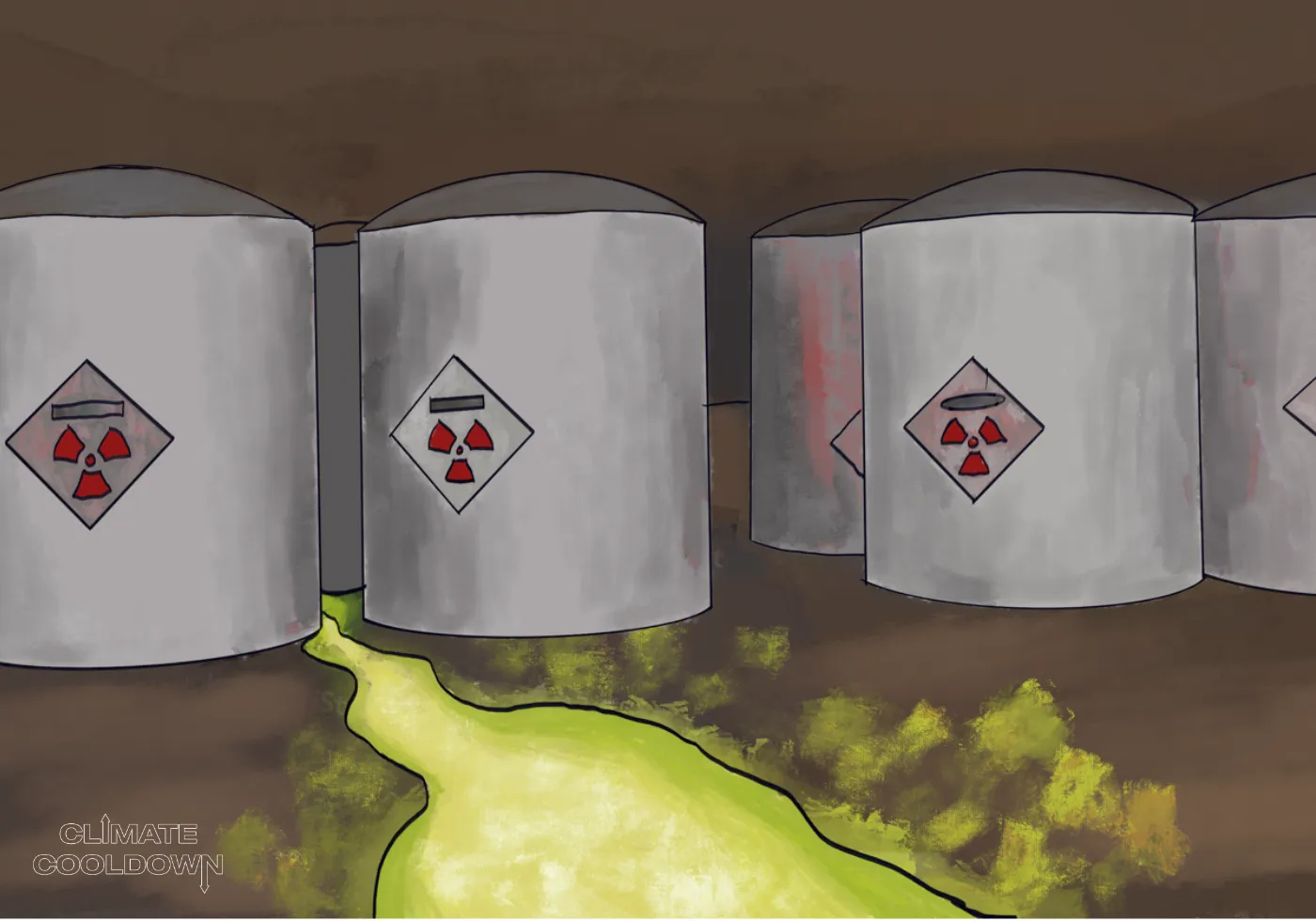 Illustrated nuclear facility with radiation warning signs and leaking radioactive material
