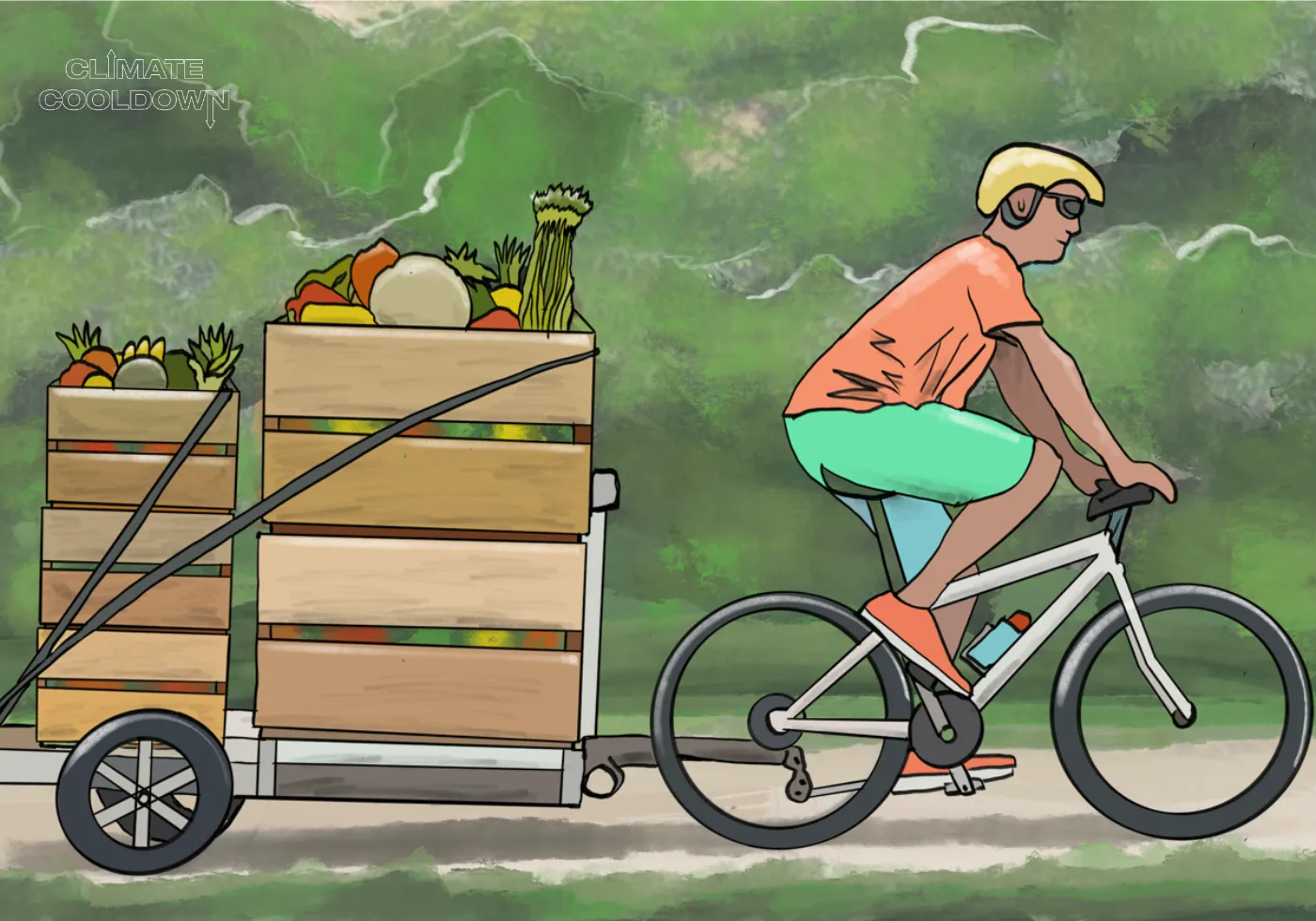 Illustrated kitchen scene where leftover food and scraps are saved rather than discarded