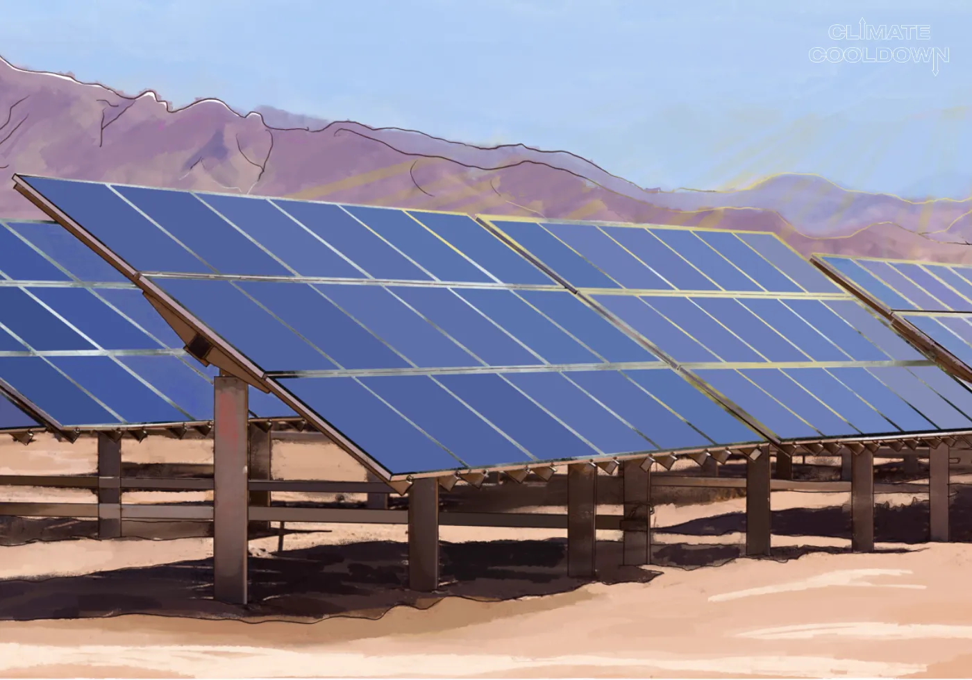 Illustrated array of solar panels soaking up sunlight to generate clean electricity