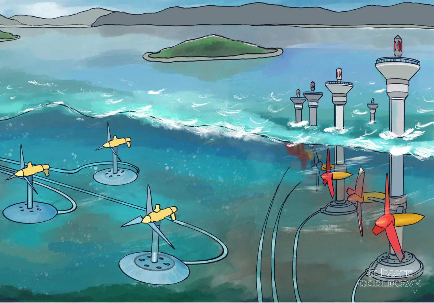 Illustrated tidal turbines anchored beneath the sea surface, driven by ocean currents