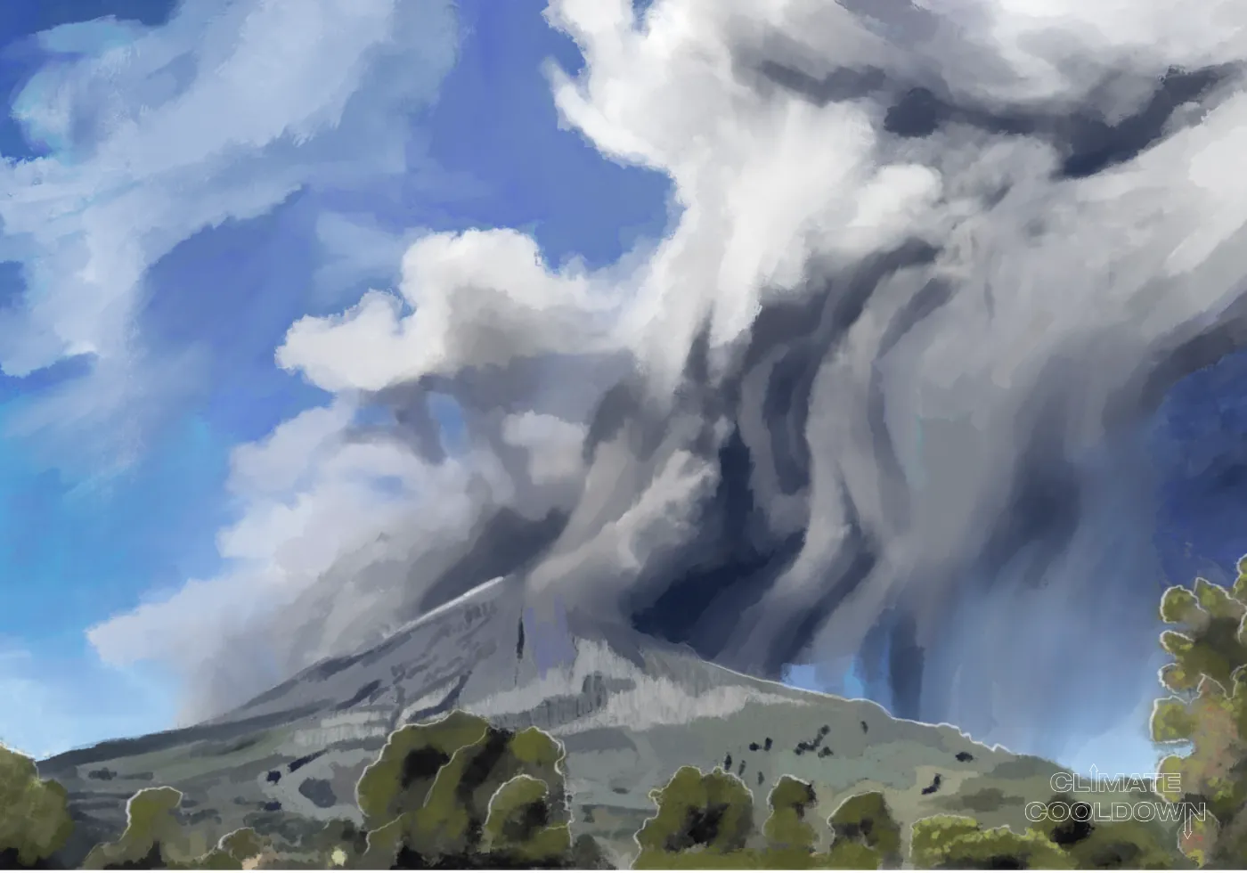 Illustrated volcano erupting with rivers of lava flowing and an ash plume rising high