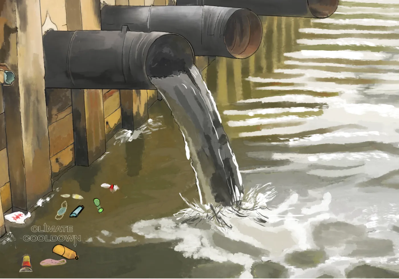 Illustrated river running dark with industrial chemicals and effluent discharge
