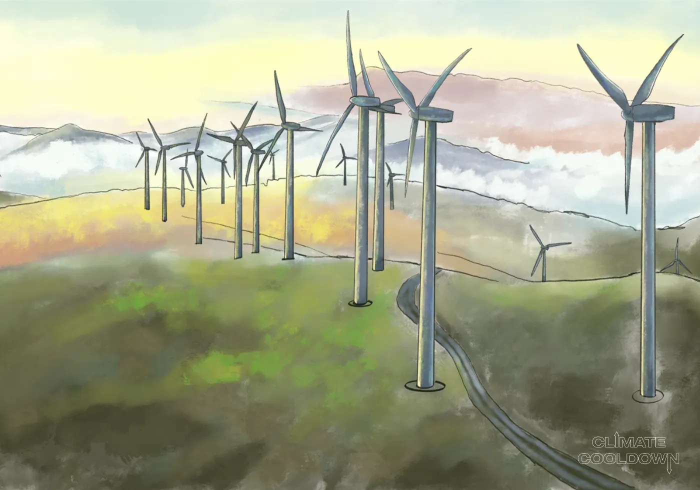 Illustrated wind turbines spinning on a hillside or offshore to generate clean electricity